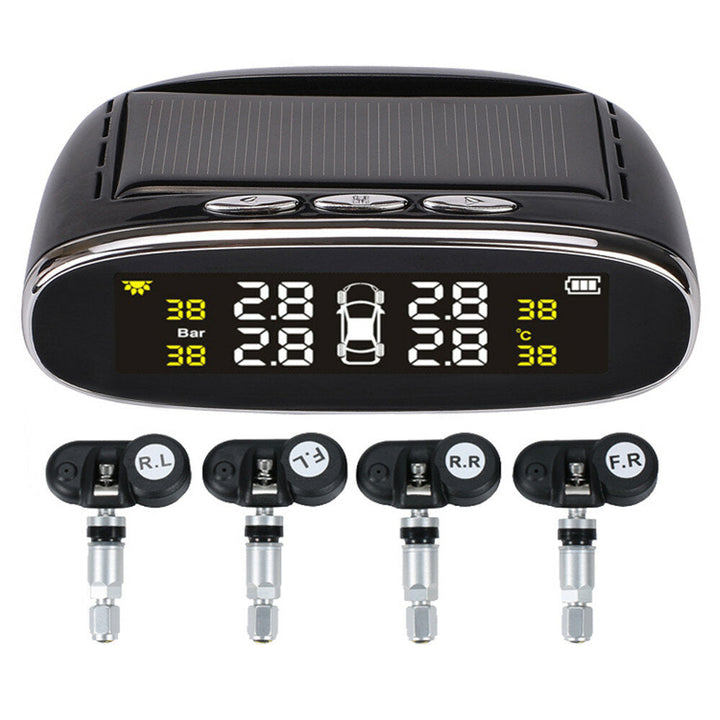 Solar Power TPMS Temperature Alert LCD Display Car Tire Pressure Alarm Monitor System With 4 Internal,External Sensor Image 2