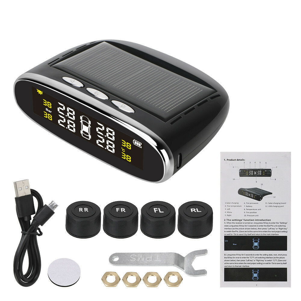 Solar Power TPMS Temperature Alert LCD Display Car Tire Pressure Alarm Monitor System With 4 Internal,External Sensor Image 6
