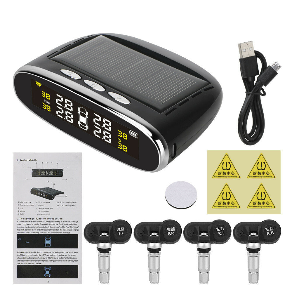 Solar Power TPMS Temperature Alert LCD Display Car Tire Pressure Alarm Monitor System With 4 Internal/External Sensor Image 1