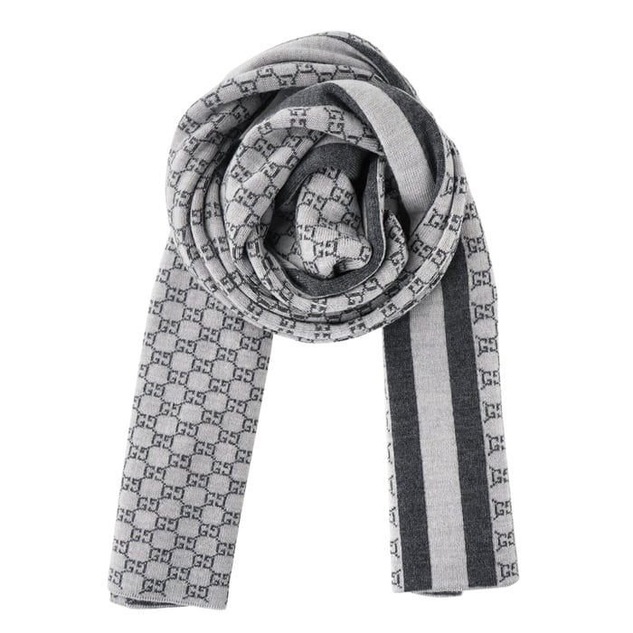 Gucci Wool Web Stripe GG Guccissima Scarf 438253 Grey Image 1