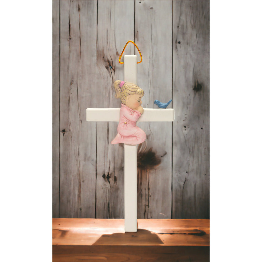 Ceramic Praying Girl with Bird Cross 6 inch Religious Gift Image 1