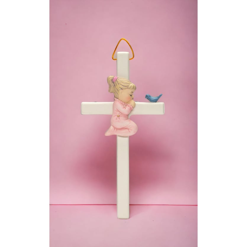 Ceramic Praying Girl with Bird Cross 6 inch Religious Gift Image 2