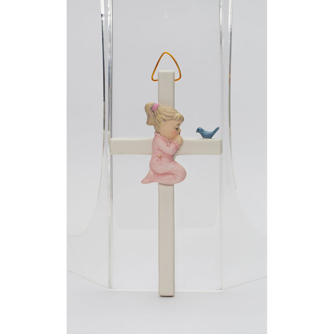 Ceramic Praying Girl with Bird Cross 6 inch Religious Gift Image 3