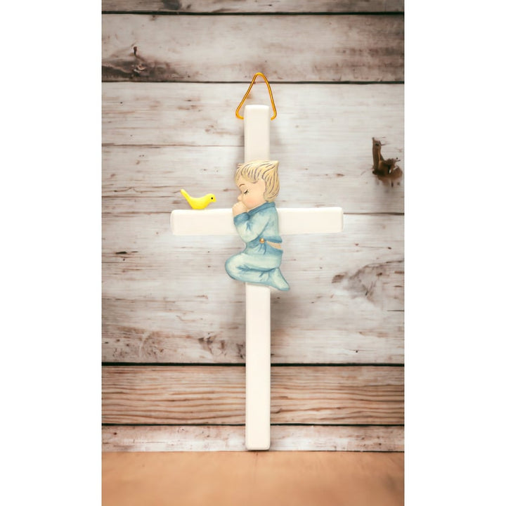 Ceramic Praying Boy with Bird Cross 6in Religious Nursery Gift Image 1