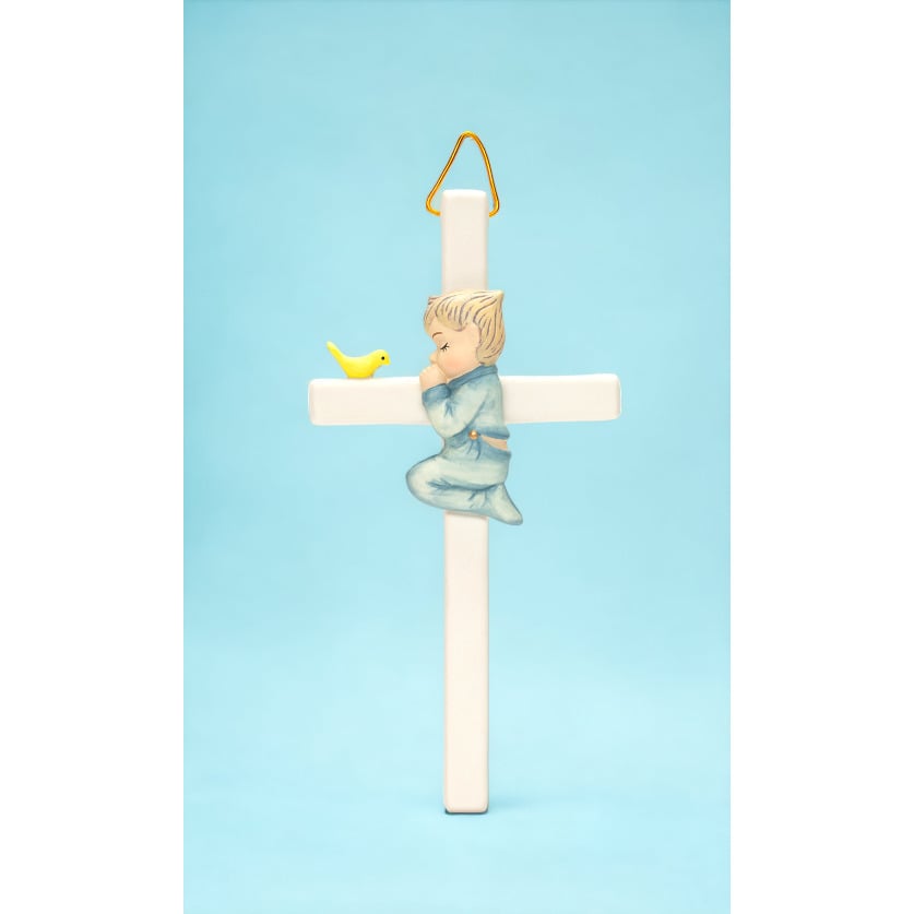 Ceramic Praying Boy with Bird Cross 6in Religious Nursery Gift Image 2