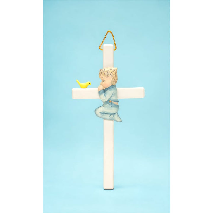 Ceramic Praying Boy with Bird Cross 6in Religious Nursery Gift Image 2