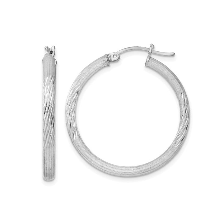 Small Satin and Diamond Cut Hoop Earrings in Sterling Silver 1 Inch (3.0mm) Image 1