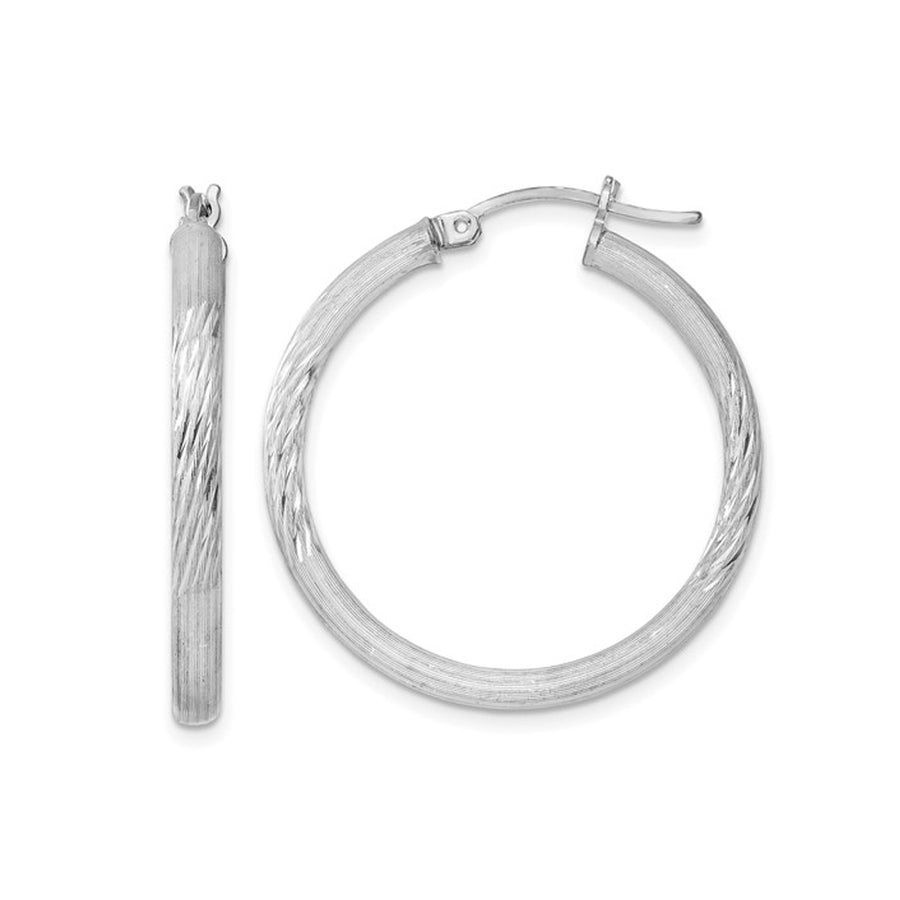 Small Satin and Diamond Cut Hoop Earrings in Sterling Silver 1 Inch (3.0mm) Image 1