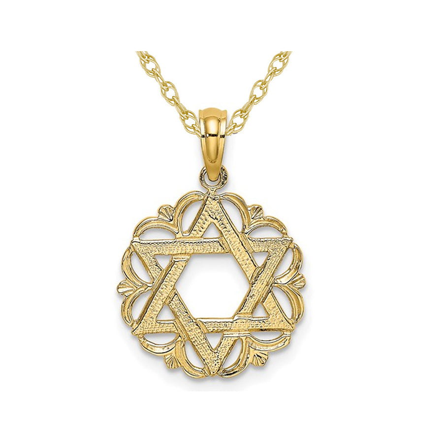 14K Yellow Gold Star of David Scalloped Circle Pendant Necklace with Chain Image 1