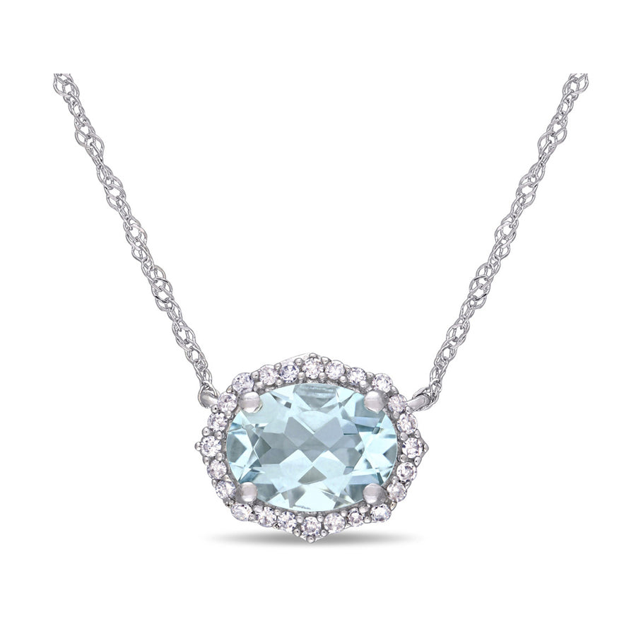 1.00 Carat (ctw) Aquamarine Halo Pendant Necklace in 10K White Gold with Chain and Diamonds Image 1