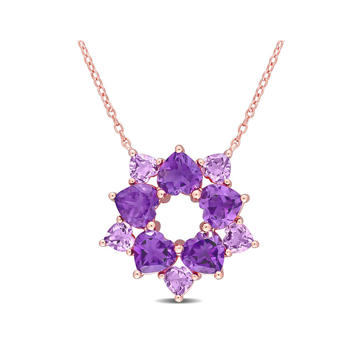 4.75 Carat (ctw) Amethyst and African Amethyst Floral Pendant Necklace in Rose Plated Sterling Silver with Chain Image 1