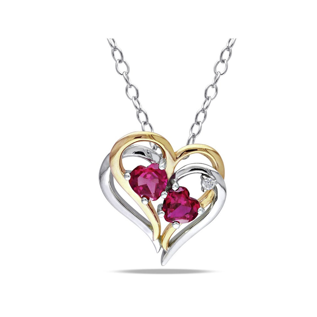 1.20 Carat (ctw) Lab-Created Ruby Heart Pendant Necklace with Diamonds in Yellow Plated Sterling Silver with chain Image 1