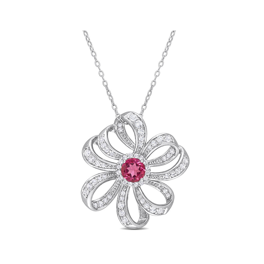 2.30 Carat (ctw) Pink Topaz and White Topaz Flower Pendant Necklace in Sterling Silver with Chain Image 1
