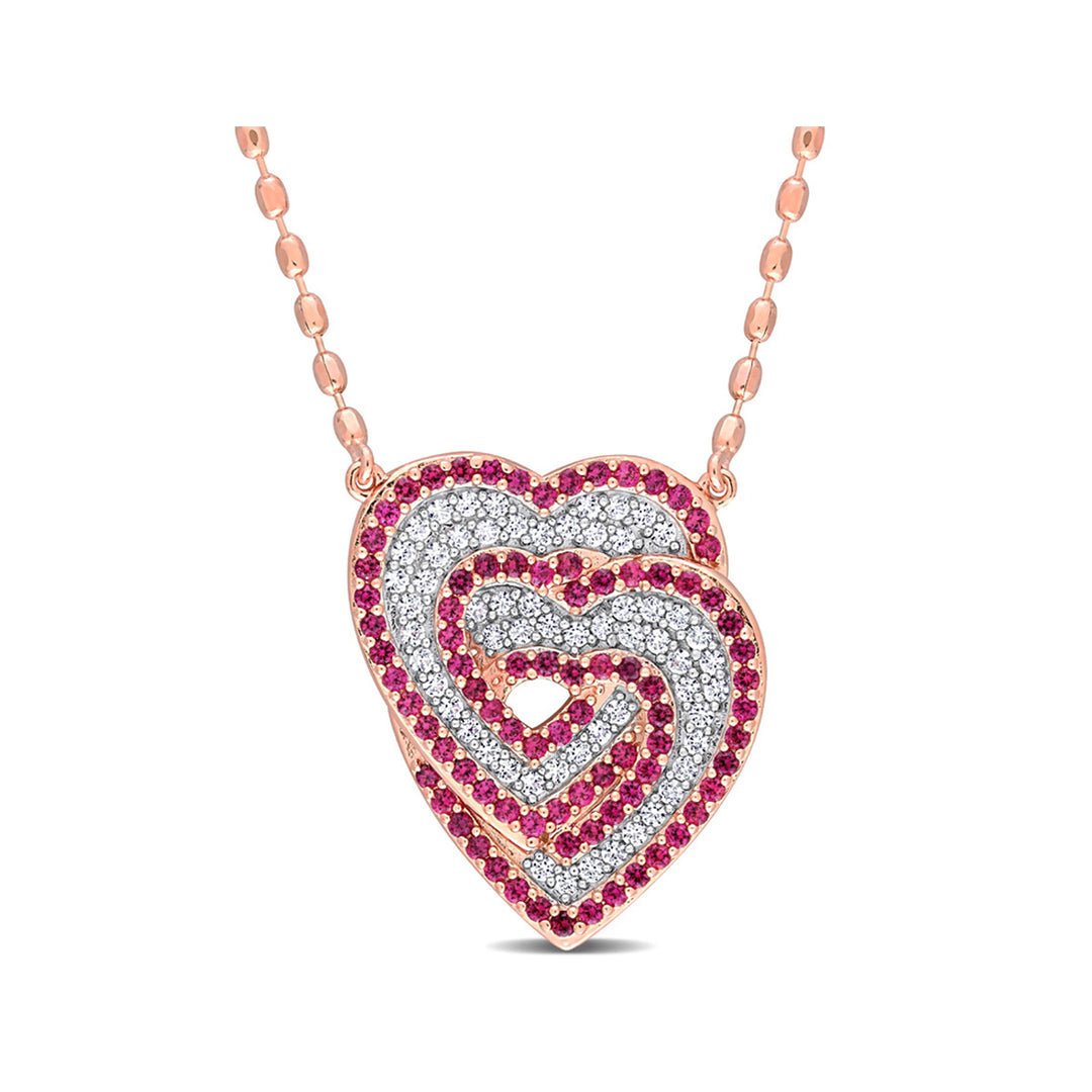 1.70 Carat (ctw) Lab-Created Ruby and White Sapphire Heart Pendant Necklace in Rose Plated Sterling Silver with chain Image 1