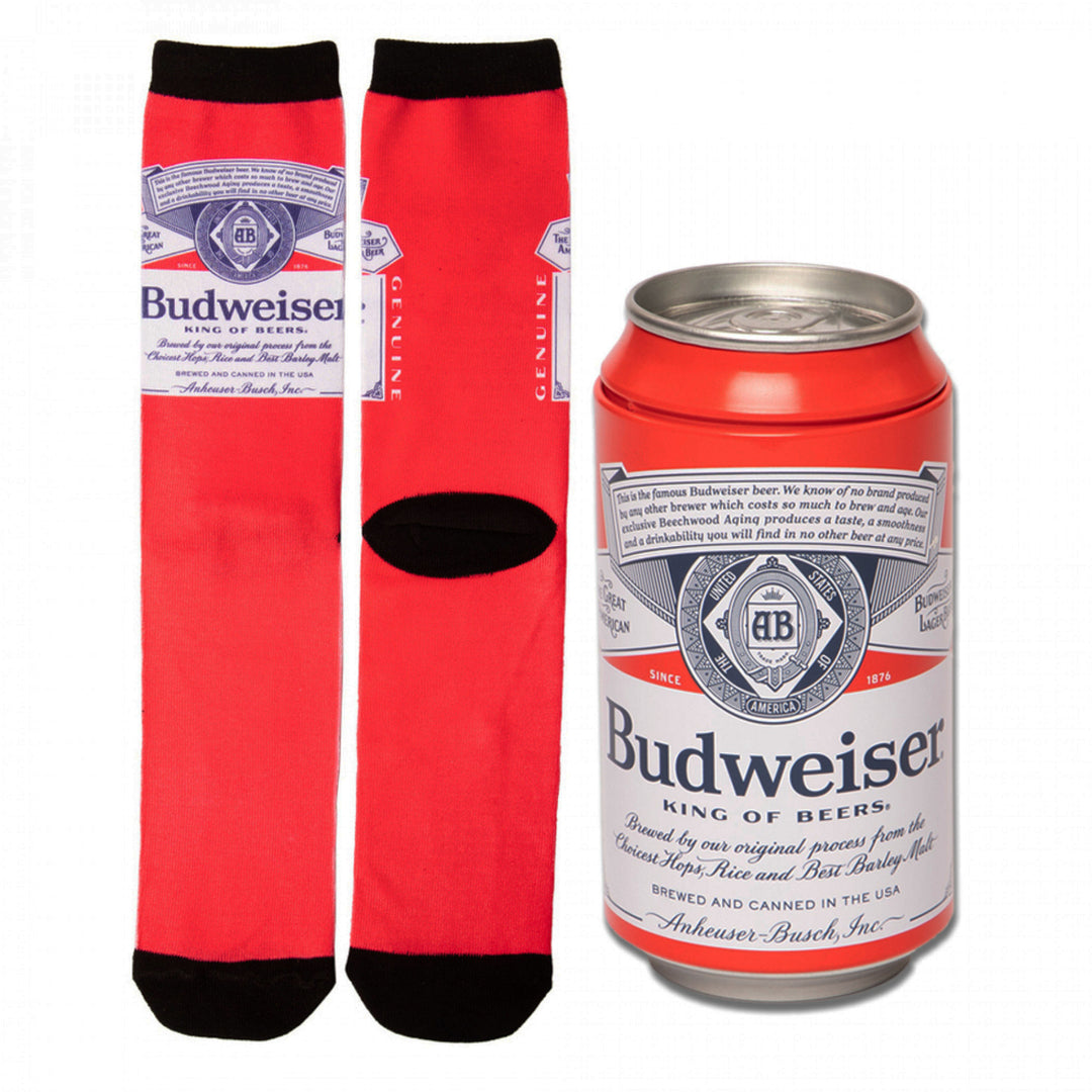Budweiser King of Beers Label Crew Socks In Beer Can Gift Packaging Image 1