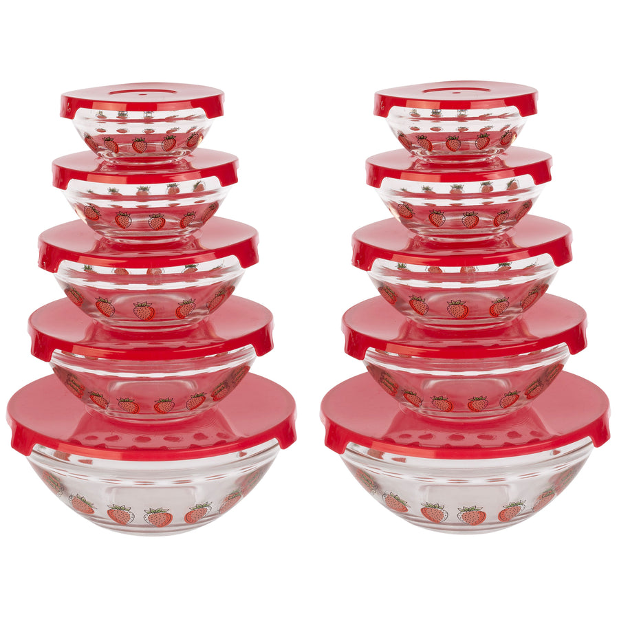 20PC Glass Bowls with Lids Set Strawberry Design Mixing Bowls Multiple Sizes Image 1