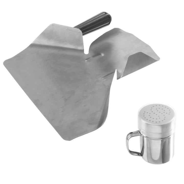 Stainless Steel Popcorn Scoop and Shaker Set 2pc Serving Kit 10oz 5oz Image 1