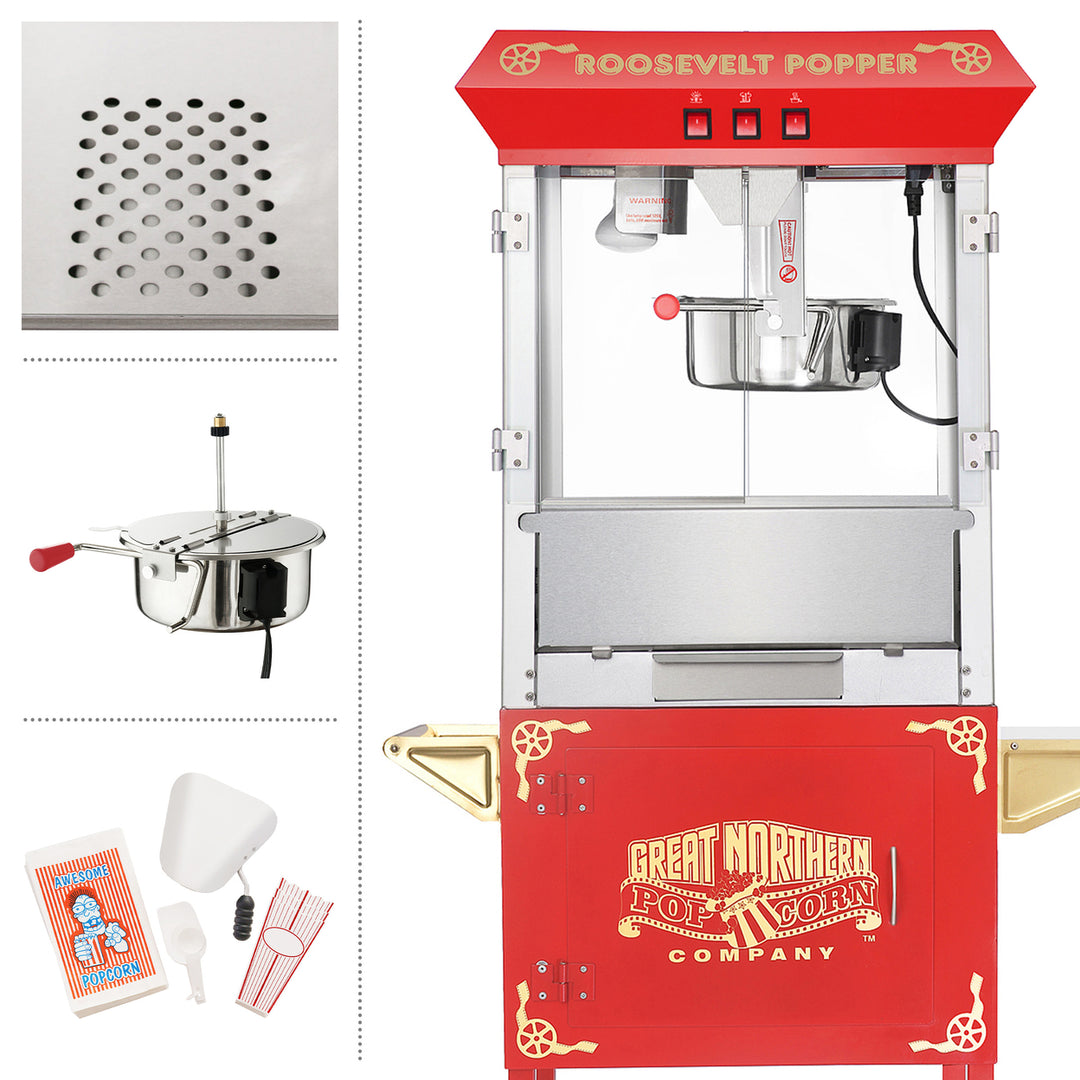 Professional Red Popcorn Machine with Cart  8 oz Popper  Stainless Steel Kettle Image 3