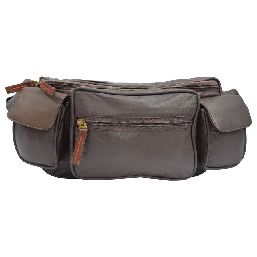 Large Real Leather Waist Hip Lumbar Fanny Pack Bag with Dual Cell Phone Pocket Brown Image 1