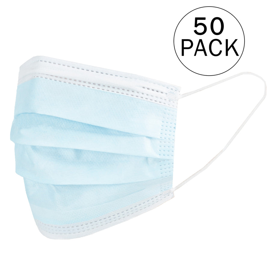 50 Pack Kids Disposable 3-Ply Face Masks Blue Hypoallergenic with Ear Loops Image 1