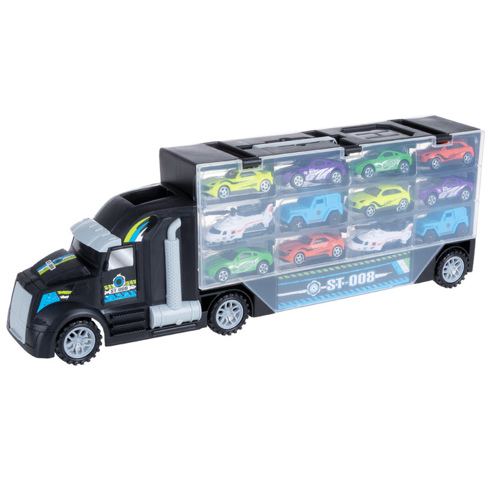 Toy Truck  2-Sided Cargo Trailer Holds 24 Vehicles 10 Cars and 2 Helicopters Image 1