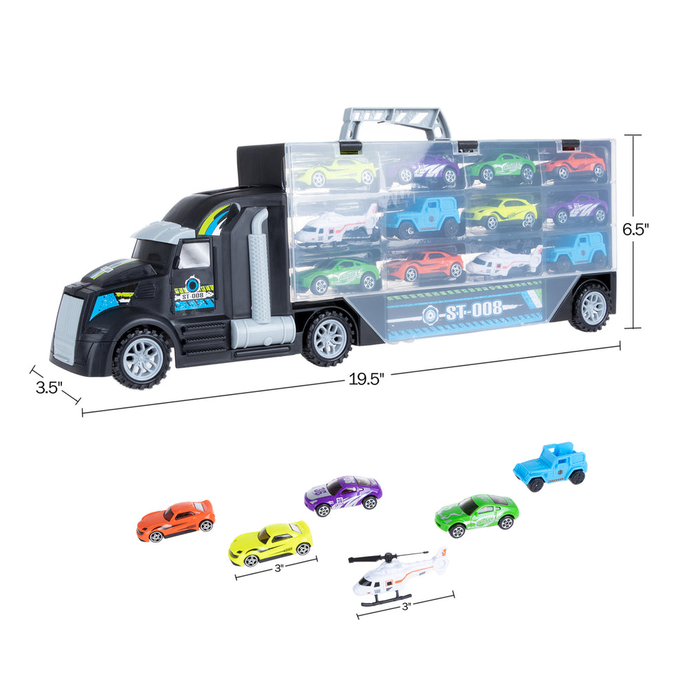 Toy Truck Cargo Trailer Black Holds 24 Vehicles 10 Cars 2 Helicopters Ages 3+ Image 2