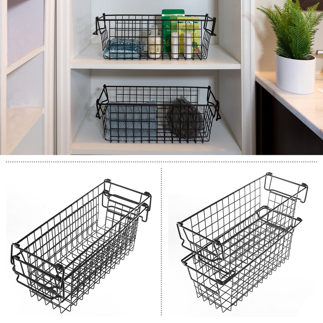 2 Storage Bins Small Shelf Organizers for Kitchen Bathroom Storage, Black Image 3