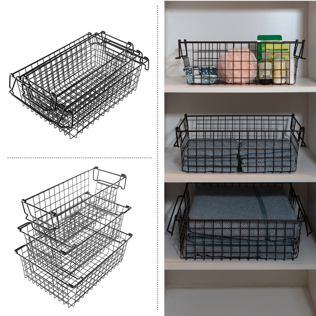 Black Wire Storage Basket Set Small Medium Large Nesting Shelving Organizers Image 3