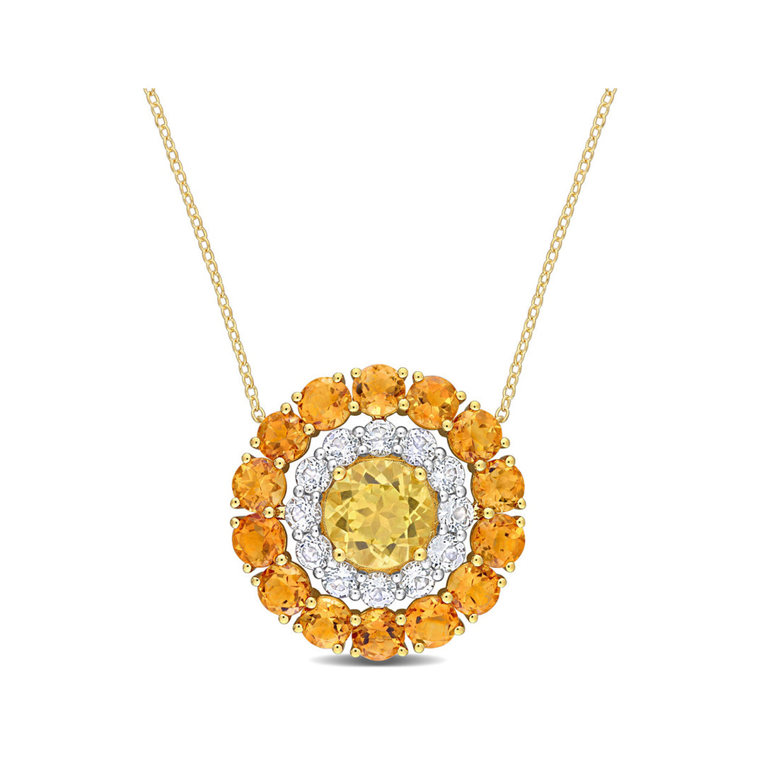 11.44 Carat (ctw) Madeira Citrine and White Topaz Double Halo Pendant Necklace in Yellow Sterling Silver with Chain Image 1