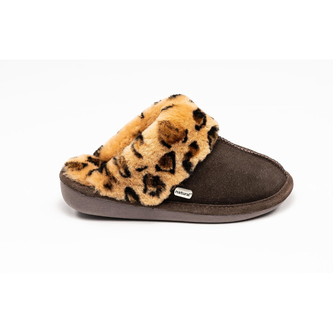 Natural Fashion Marilyn Leopard Chocolate Suede Women Slippers 1-Inch Sheepskin Image 3