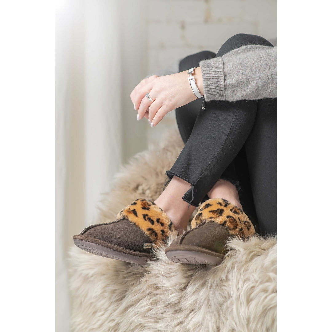 Natural Fashion Marilyn Leopard Chocolate Suede Women Slippers 1-Inch Sheepskin Image 6