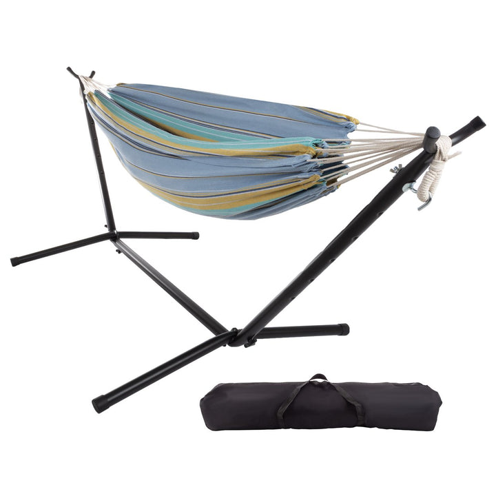 Portable Double Hammock with Stand Carry Case Blue Cotton Outdoor Camping 400lbs Image 1