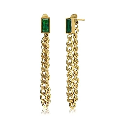 Dangle Chain Earrings Emerald Cubic Zirconia 18K Gold Plated Stainless Steel 80mm Image 3