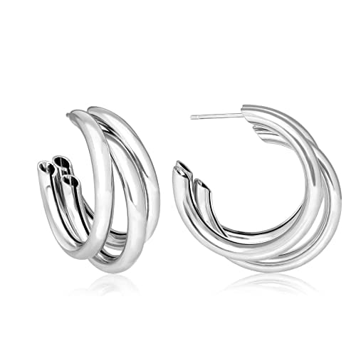 Triple Chunky Hoop Earrings 14K Gold Plated 30mm Diameter Perfect for Any Occasion Image 3