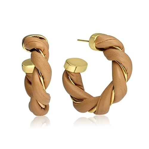 Gold Plated Twisted Faux Leather Chunky Earrings 40mm Unique Spiral Design Image 3