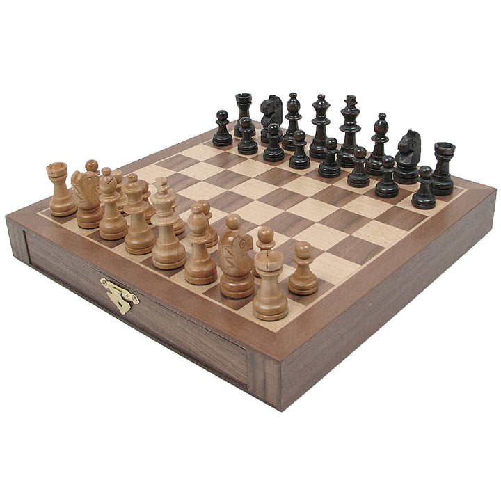 Inlaid Walnut Style Wood Chess Set Wood Pieces in Drawers 9.5 x 9.5 inches Image 1