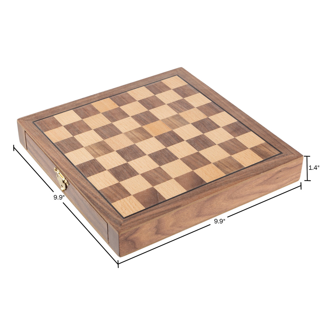 Inlaid Walnut Style Wood Chess Set Wood Pieces in Drawers 9.5 x 9.5 inches Image 2