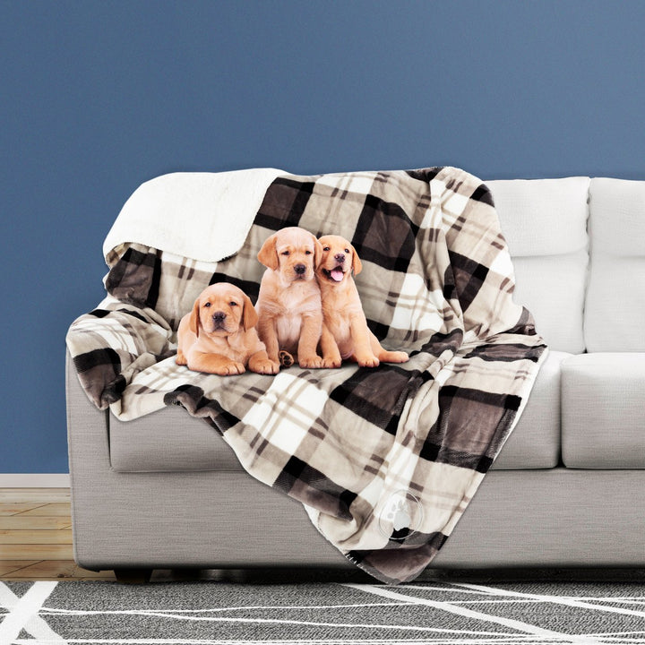 Waterproof Plaid Pet Blanket Tan 50x60 Reversible Sherpa Fleece Durable Throw Image 1