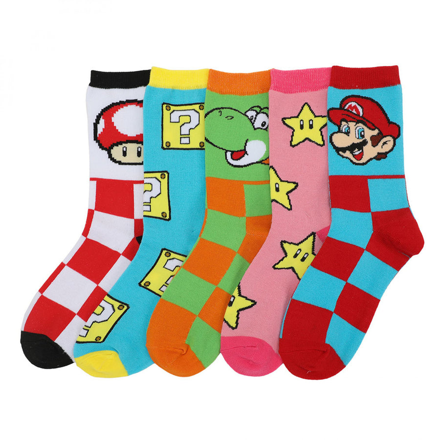 Super Mario Icons Checkered 5-Pair Pack of Womens Crew Socks Image 1
