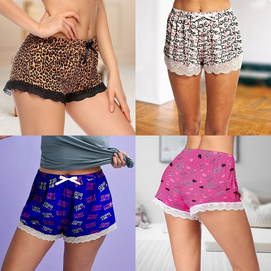 Multi-Pack: Womens Ultra-Soft Cozy Fun Printed Lace Trim Pajama Lounge Shorts Image 1