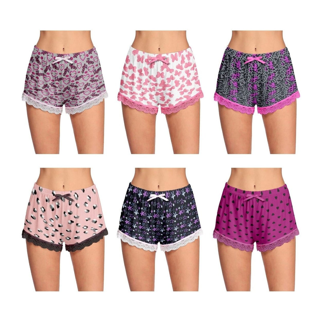 Multi-Pack: Womens Ultra-Soft Cozy Fun Printed Lace Trim Pajama Lounge Shorts Image 4