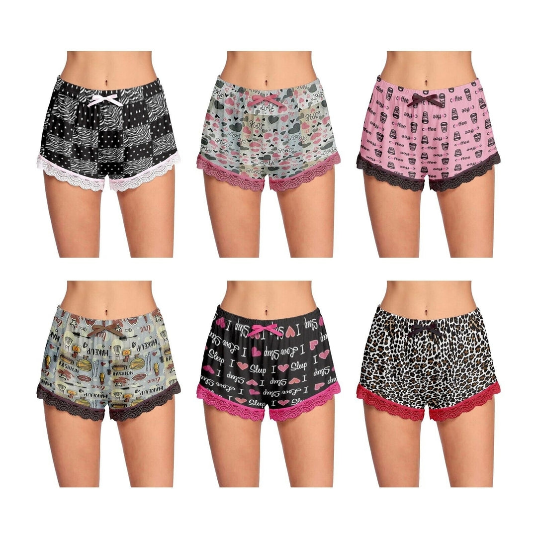 Multi-Pack: Womens Ultra-Soft Cozy Fun Printed Lace Trim Pajama Lounge Shorts Image 8