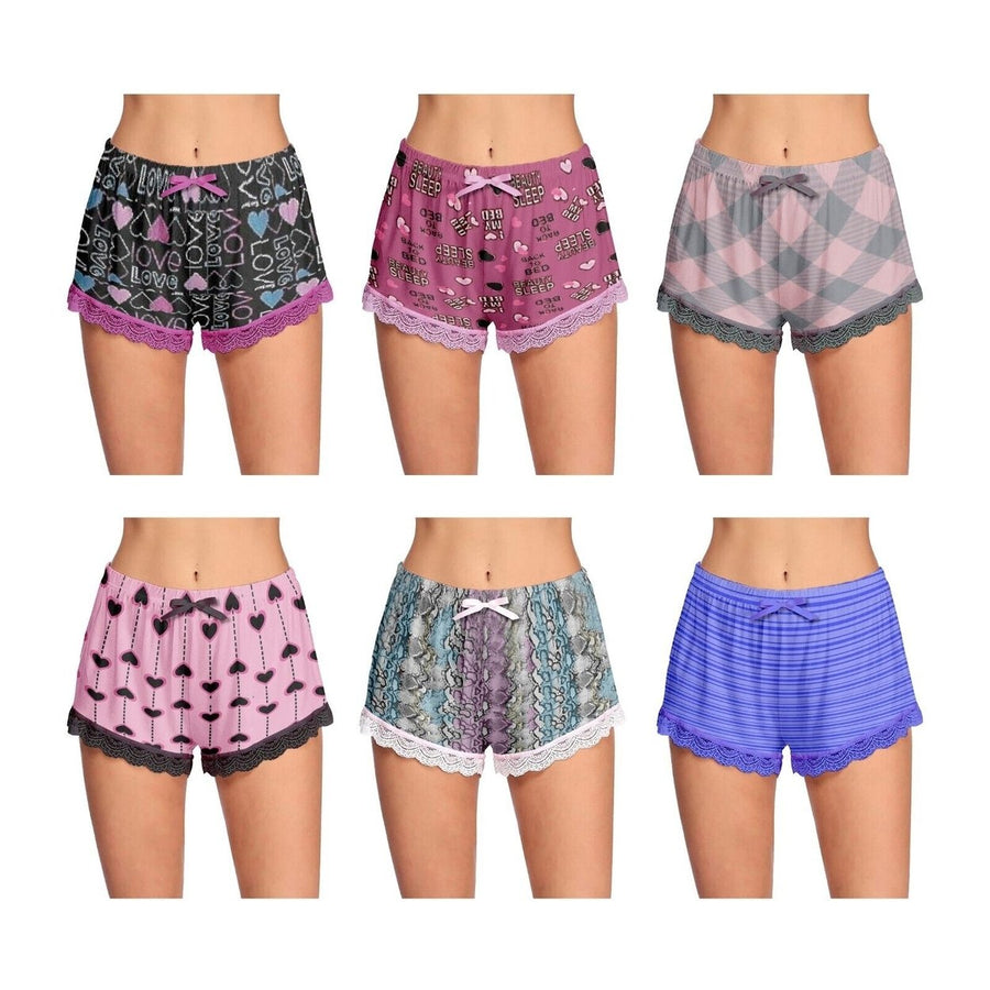4-Pack: Womens Ultra-Soft Cozy Fun Printed Lace Trim Pajama Lounge Shorts Image 1