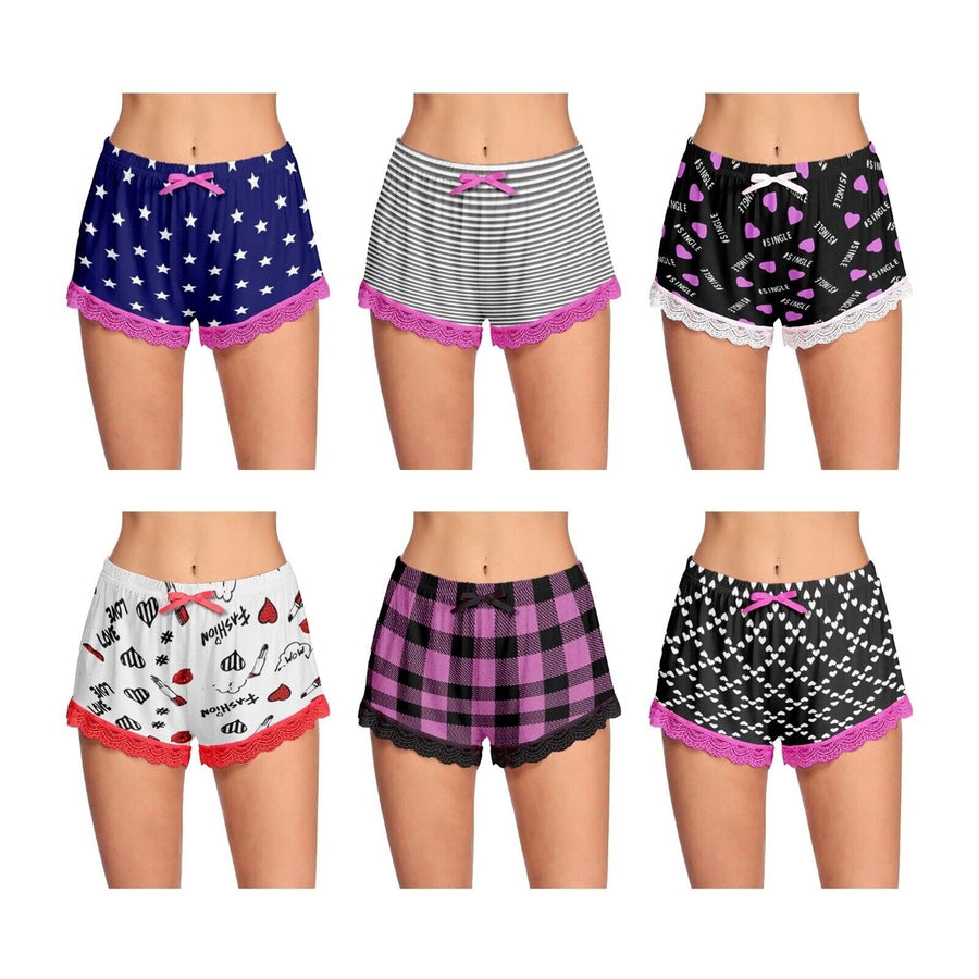 6-Pack: Womens Ultra-Soft Cozy Fun Printed Lace Trim Pajama Lounge Shorts Image 1