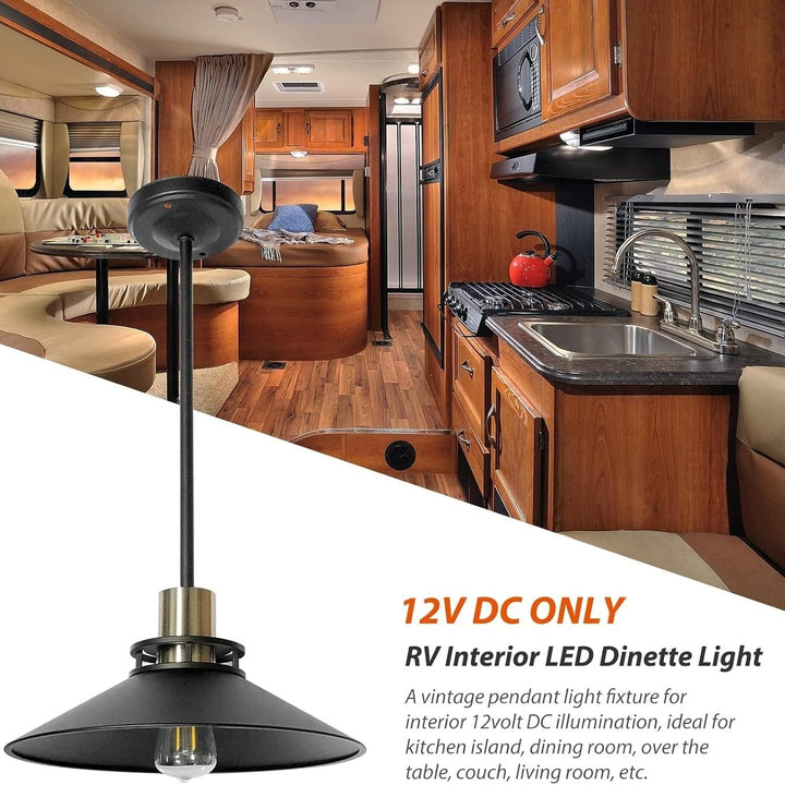 12V Retro Matte Black RV Dinette Pendant Light Fixture with LED Edison Bulb Image 2