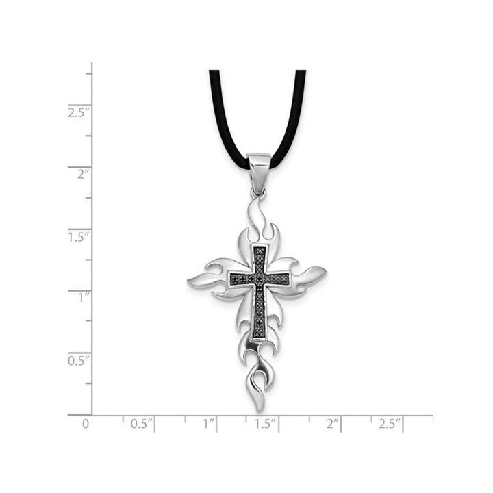 Sterling Silver Cross Pendant Necklace with Black Accent Diamonds and Cord Image 3