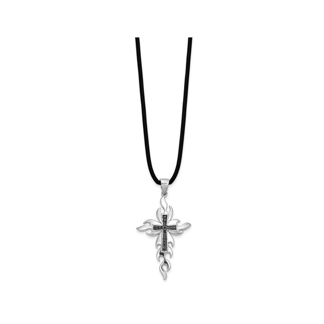 Sterling Silver Cross Pendant Necklace with Black Accent Diamonds and Cord Image 4