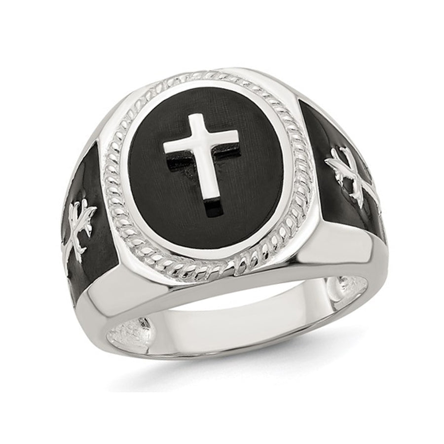 Mens Sterling Silver Black Agate Ring Cross Ring Image 1