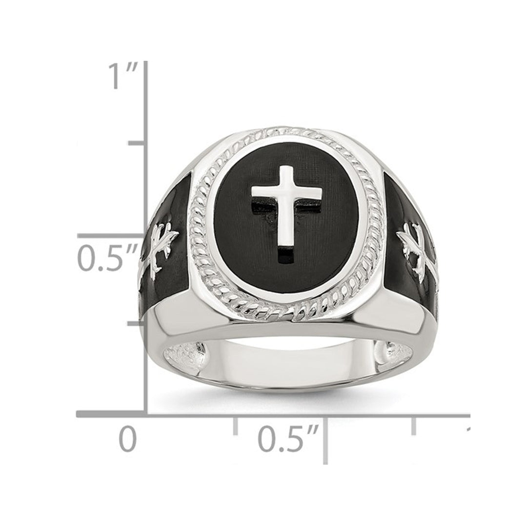Mens Sterling Silver Black Agate Ring Cross Ring Image 3