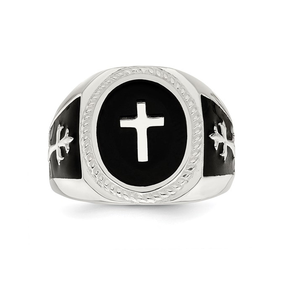 Mens Sterling Silver Black Agate Ring Cross Ring Image 4